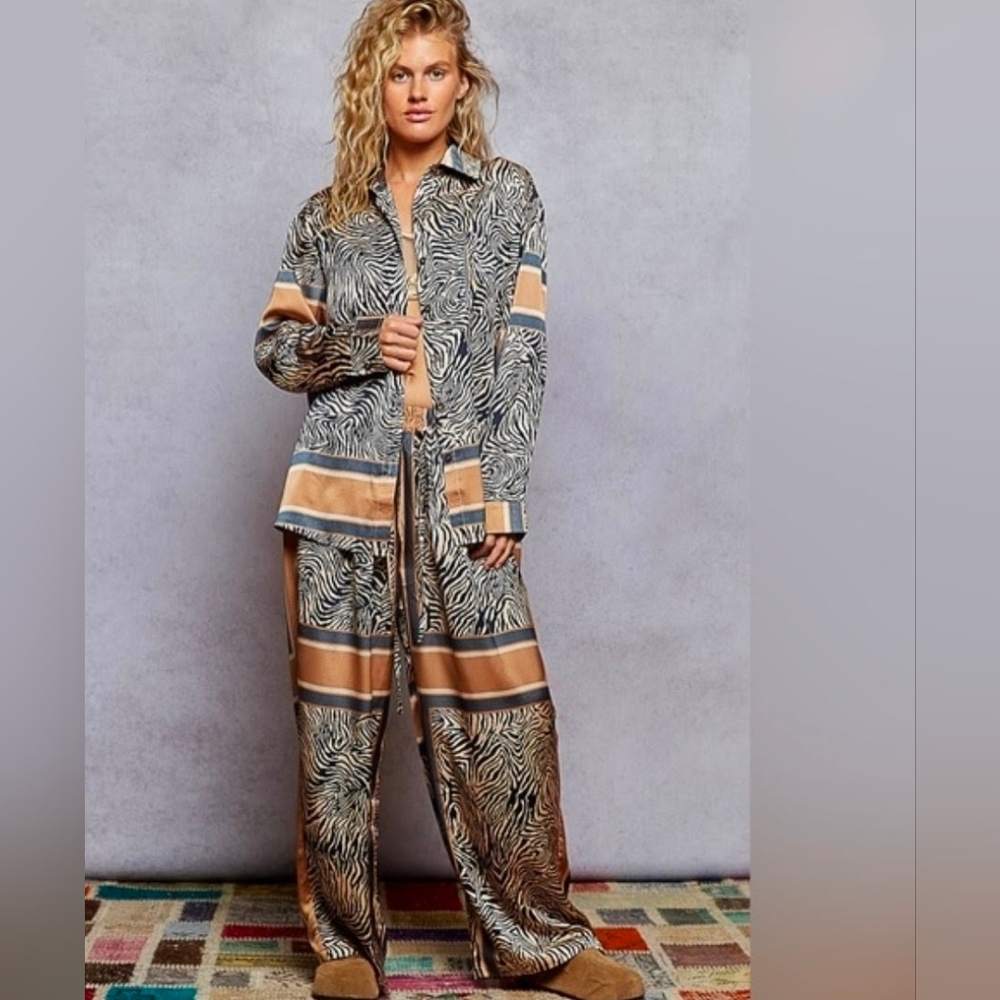 POL Zebra Print Wide-Leg Jumpsuit with Tan & Black Stripes